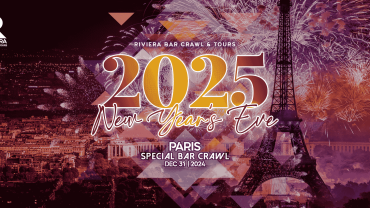 2025 New Year’s Eve Bar Crawl in Paris by Riviera Bar Crawl & Tours. The image features vibrant fireworks lighting up the Parisian skyline with the Eiffel Tower in the foreground. Bold text reads '2025 New Year’s Eve' and 'Paris Special Bar Crawl, Dec 31, 2024.