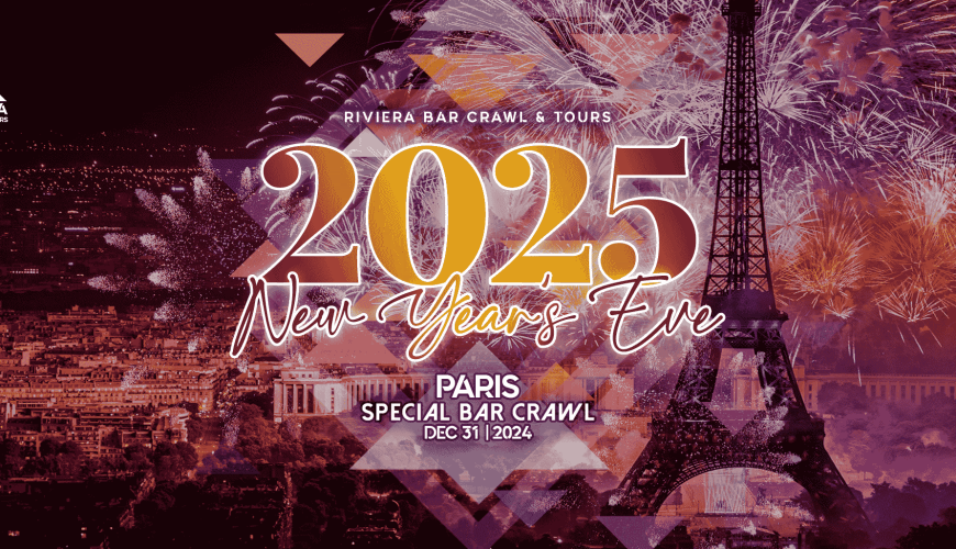 2025 New Year’s Eve Bar Crawl in Paris by Riviera Bar Crawl & Tours. The image features vibrant fireworks lighting up the Parisian skyline with the Eiffel Tower in the foreground. Bold text reads '2025 New Year’s Eve' and 'Paris Special Bar Crawl, Dec 31, 2024.