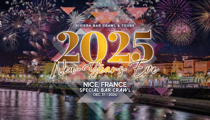 Fireworks of the 2025 New Year’s Eve Bar Crawl in Nice, organized by Riviera Bar Crawl & Tours, with vibrant nightlife and festive decorations.