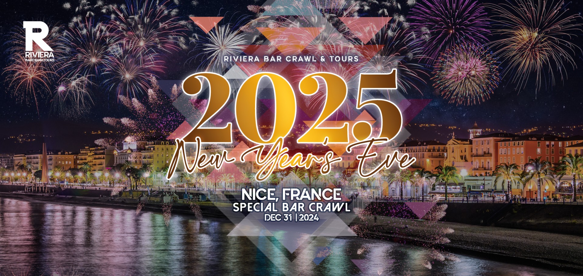 Fireworks of the 2025 New Year’s Eve Bar Crawl in Nice, organized by Riviera Bar Crawl & Tours, with vibrant nightlife and festive decorations.